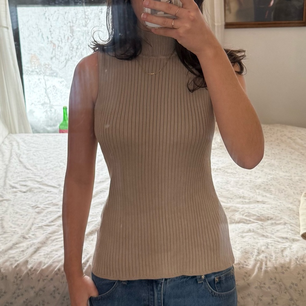 Ribbed Tan Turtleneck Tank